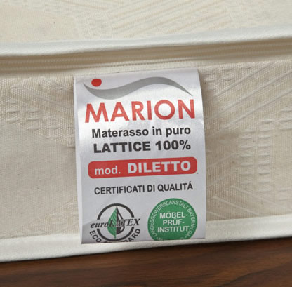 Certificazione di qualità del materasso Marion modello Olimpo in lattice 100% - Eurolatex, LGA, Morton Thiokol, OEKO-TEX